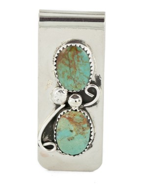 Handmade Navajo Certified Authentic Nickel and .925 Sterling Silver Natural Turquoise Native American Money Clip 10530-4