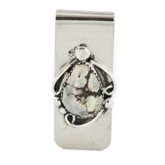 Handmade Navajo Certified Authentic Nickel and .925 Sterling Silver Natural White Buffalo Native American Money Clip 11264-4