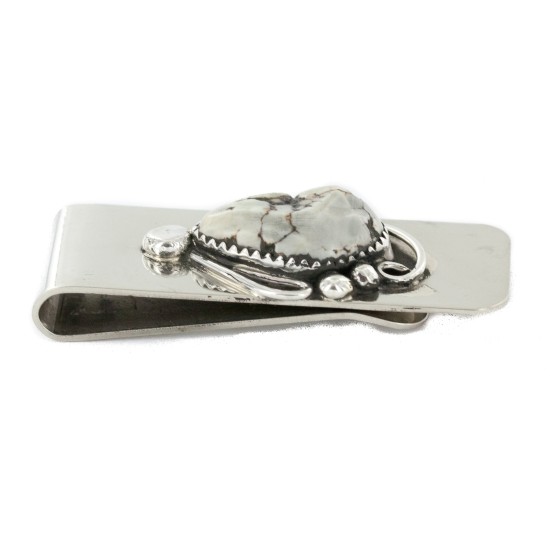 Handmade Navajo Certified Authentic Nickel and .925 Sterling Silver Natural White Buffalo Native American Money Clip 11264-4