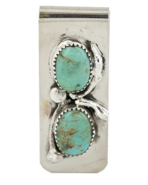 Navajo Handmade Certified Authentic Nickel and .925 Sterling Silver Natural Turquoise Native American Money Clip 10530-6