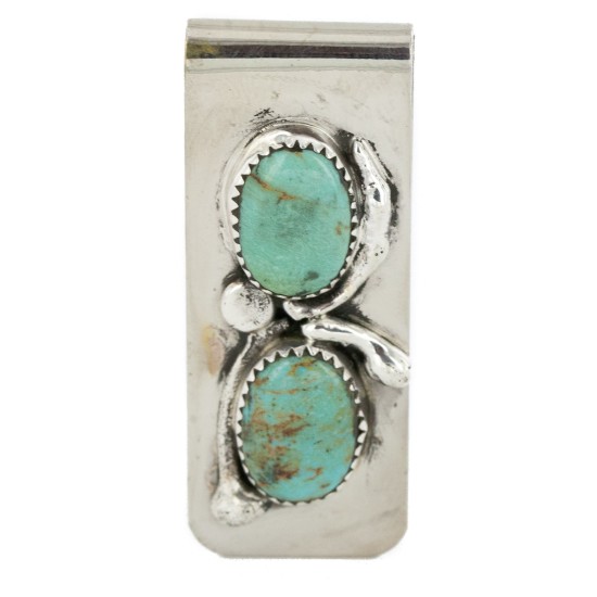Navajo Handmade Certified Authentic Nickel and .925 Sterling Silver Natural Turquoise Native American Money Clip 10530-6