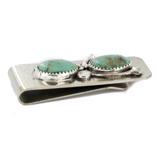 Navajo Handmade Certified Authentic Nickel and .925 Sterling Silver Natural Turquoise Native American Money Clip 10530-6