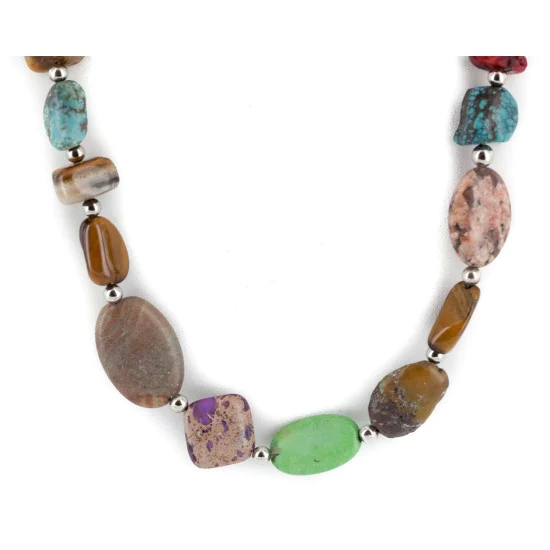 Navajo .925 Sterling Silver Natural Turquoise and Multicolor Stones Native American Necklace 15215-5