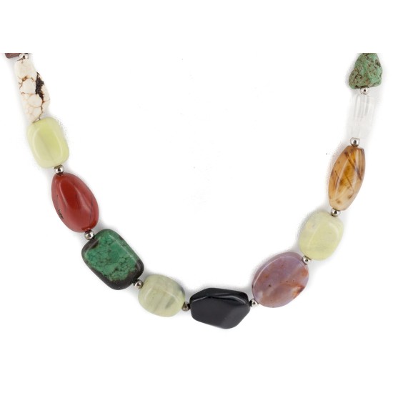 Certified Authentic Navajo .925 Sterling Silver Natural Turquoise and Multicolor Stones Native American Necklace 15343-32