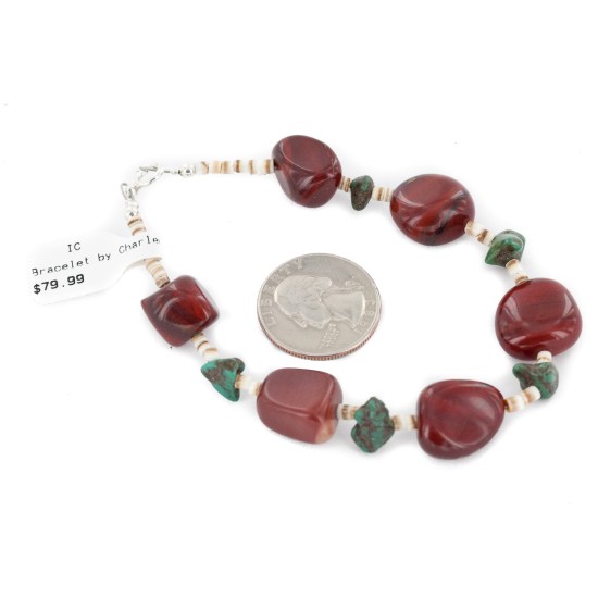 Certified Authentic Navajo .925 Sterling Silver Natural Turquoise and Red Jasper Native American Bracelet 13020-1