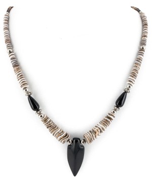 Certified Authentic Arrow Navajo .925 Sterling Silver Natural Graduated Melon Shell Black Onyx Native American Necklace 17082