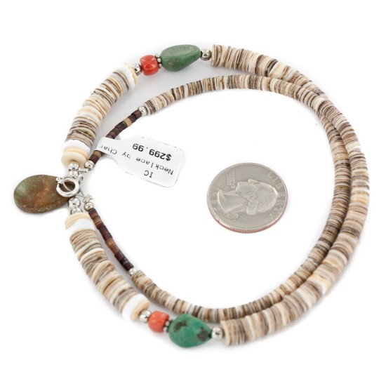 Certified Authentic Drop Navajo .925 Sterling Silver Natural Turquoise Coral Graduated Heishi Native American Necklace 15958-11
