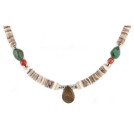 Certified Authentic Drop Navajo .925 Sterling Silver Natural Turquoise Coral Graduated Heishi Native American Necklace 15958-11