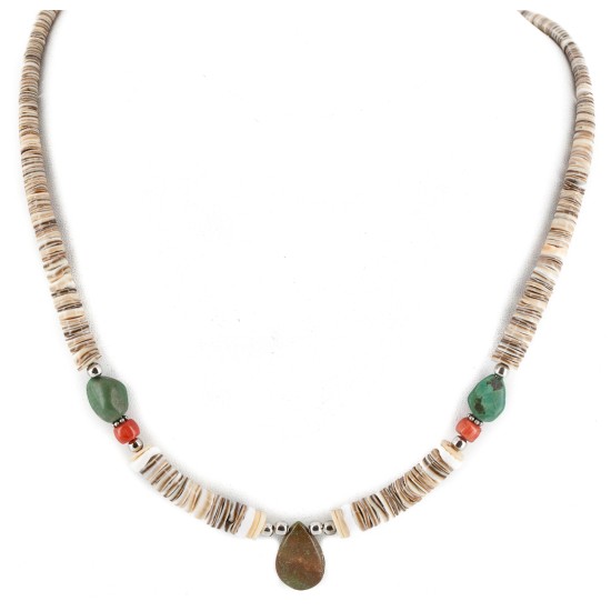 Certified Authentic Drop Navajo .925 Sterling Silver Natural Turquoise Coral Graduated Heishi Native American Necklace 15958-11