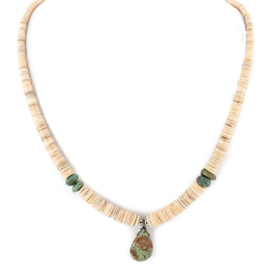 Certified Authentic Drop Navajo .925 Sterling Silver Natural Turquoise Graduated Melon Shell Native American Necklace 15778-11