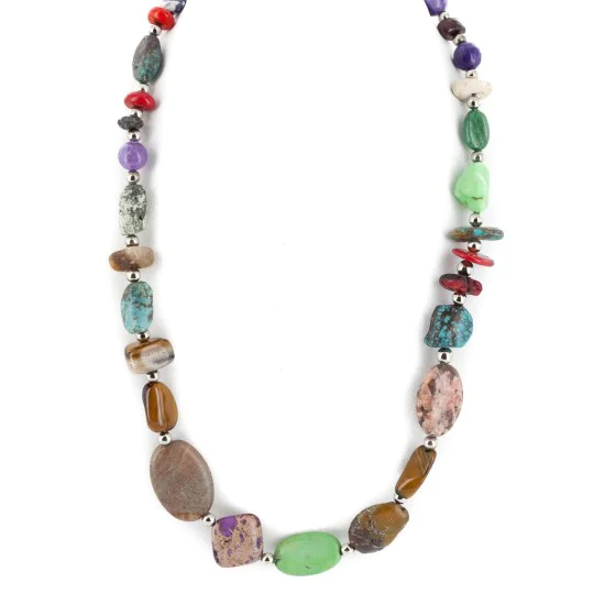 Navajo .925 Sterling Silver Natural Turquoise and Multicolor Stones Native American Necklace 15215-5