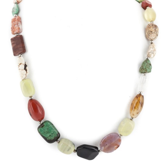 Certified Authentic Navajo .925 Sterling Silver Natural Turquoise and Multicolor Stones Native American Necklace 15343-32