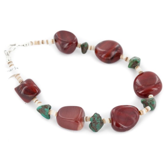 Certified Authentic Navajo .925 Sterling Silver Natural Turquoise and Red Jasper Native American Bracelet 13020-1