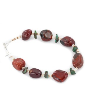 Certified Authentic Navajo .925 Sterling Silver Natural Turquoise and Red Jasper Native American Bracelet 13020-2