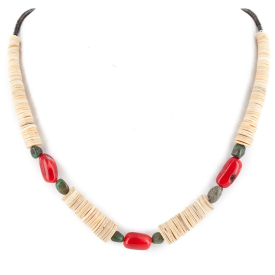 Certified Authentic Navajo .925 Sterling Silver Natural Turquoise Graduated Melon Shell Coral Native American Necklace 25228-1