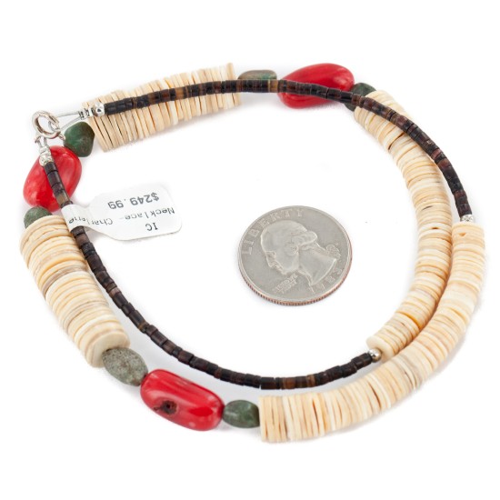 Certified Authentic Navajo .925 Sterling Silver Natural Turquoise Graduated Melon Shell Coral Native American Necklace 25228-1