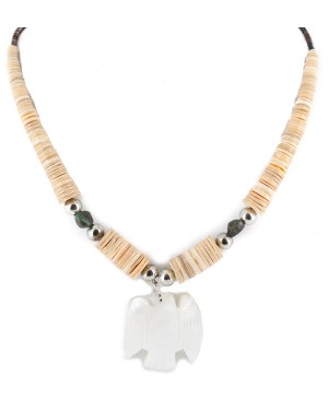 Certified Authentic Navajo .925 Sterling Silver Natural Turquoise Graduated Melon Shell Shell Bird Native American Necklace 750124-1