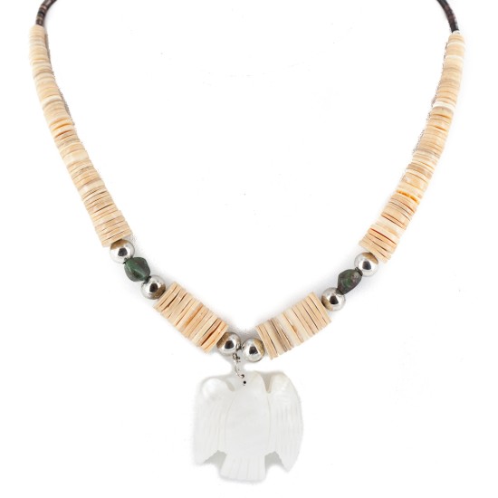 Certified Authentic Navajo .925 Sterling Silver Natural Turquoise Graduated Melon Shell Shell Bird Native American Necklace 750124-1