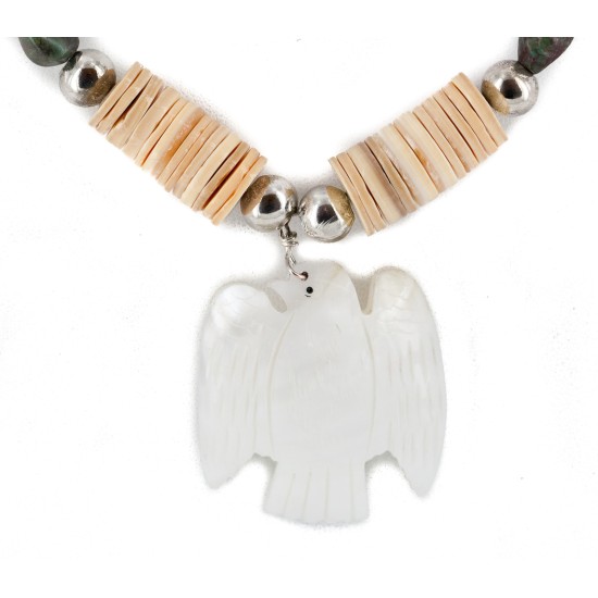 Certified Authentic Navajo .925 Sterling Silver Natural Turquoise Graduated Melon Shell Shell Bird Native American Necklace 750124-1