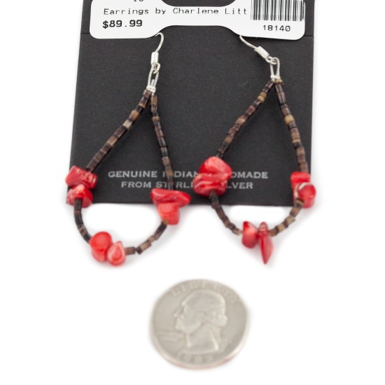 Certified Authentic .925 Sterling Silver Hooks Dangle Natural Heishi Coral Hoop Native American Earrings 18140