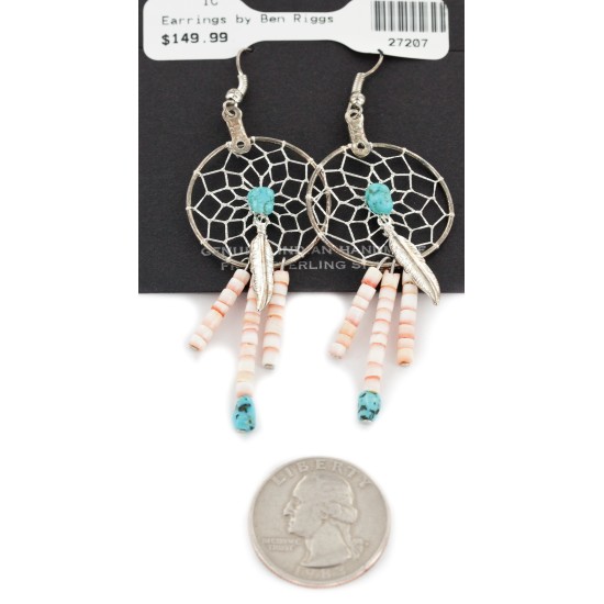 Certified Authentic .925 Sterling Silver Dangle Natural Turquoise Heishi Dreamcatcher Native American Earrings 27207