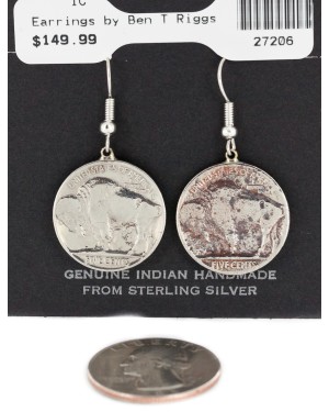Vintage Style OLD Rusted Buffalo Nickel Coin Certified Authentic Navajo .925 Sterling Silver Dangle Earrings 27206