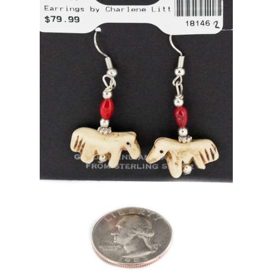 Horse Certified Authentic Navajo .925 Sterling Silver Hooks Bone and Coral Dangle Native American Earrings  18146-2
