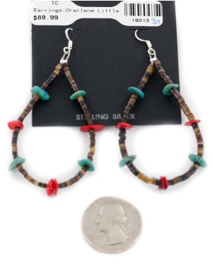 Certified Authentic Dangle .925 Sterling Silver Hooks Natural Turquoise Heishi Coral Hoop Native American Dangle Earrings 18013-30
