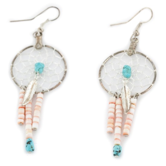 Certified Authentic .925 Sterling Silver Dangle Natural Turquoise Heishi Dreamcatcher Native American Earrings 27207