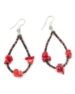 Certified Authentic .925 Sterling Silver Hooks Dangle Natural Heishi Coral Hoop Native American Earrings 18140