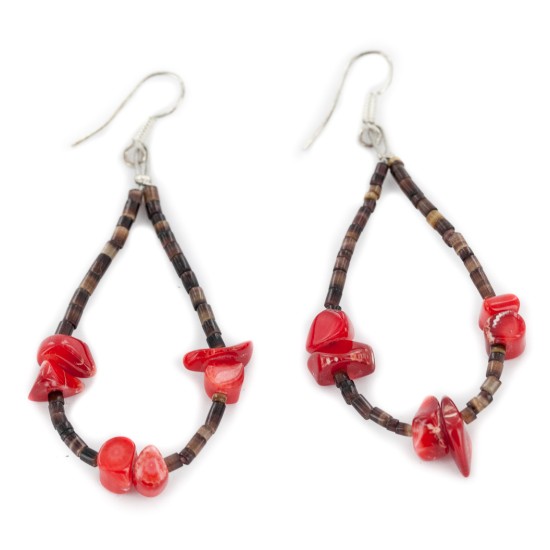 Certified Authentic .925 Sterling Silver Hooks Dangle Natural Heishi Coral Hoop Native American Earrings 18140