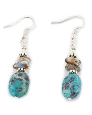 Certified Authentic .925 Sterling Silver Hooks Dangle Natural Turquoise Abalone Native American Earrings 18137-5