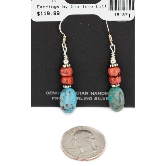 Certified Authentic .925 Sterling Silver Hooks Dangle Natural Turquoise Coral Native American Earrings 18137-1