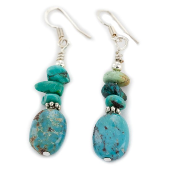 Certified Authentic .925 Sterling Silver Hooks Dangle Natural Turquoise Native American Earrings 18137-3