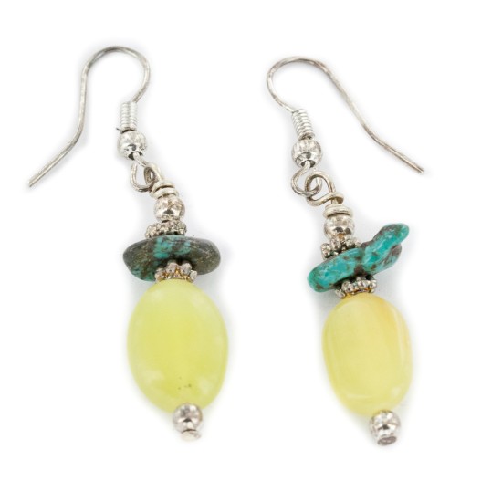 Certified Authentic .925 Sterling Silver Hooks Dangle Natural Turquoise Yellow Quartz Native American Earrings 18147