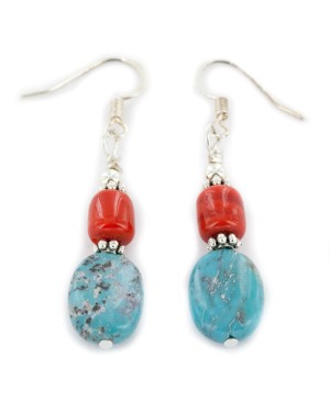 Certified Authentic .925 Sterling Silver Hooks Natural Turquoise Coral Dangle Native American Earrings 18137-4