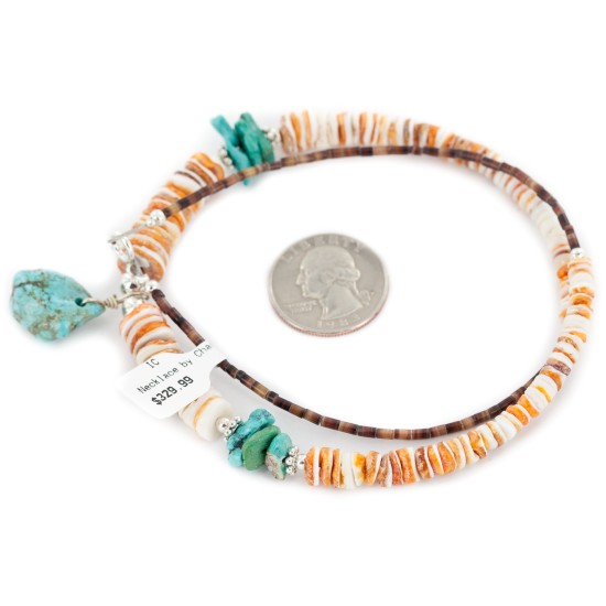Certified Authentic Navajo .925 Sterling Silver Natural Turquoise Graduated Spiny Oyster Native American Necklace 17066