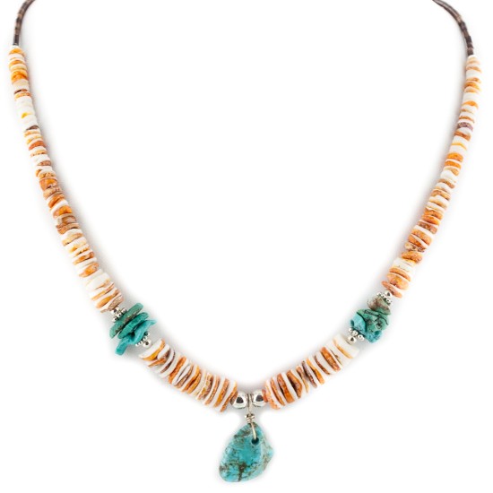 Certified Authentic Navajo .925 Sterling Silver Natural Turquoise Graduated Spiny Oyster Native American Necklace 17066