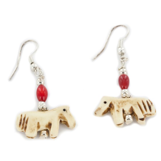 Horse Certified Authentic Navajo .925 Sterling Silver Hooks Bone and Coral Dangle Native American Earrings  18146-2