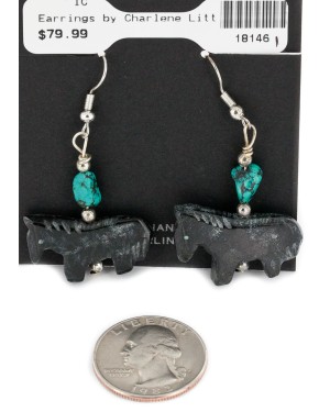 Horse Certified Authentic Navajo .925 Sterling Silver Hooks Natural Turquoise Jet Dangle Native American Earrings 18146-1