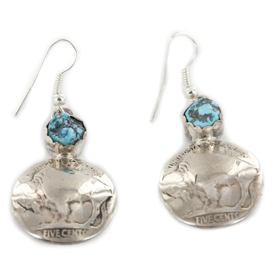 Vintage Style OLD Buffalo Nickel Coin Certified Authentic Navajo .925 Sterling Silver Natural Turquoise Dangle Earrings 18144
