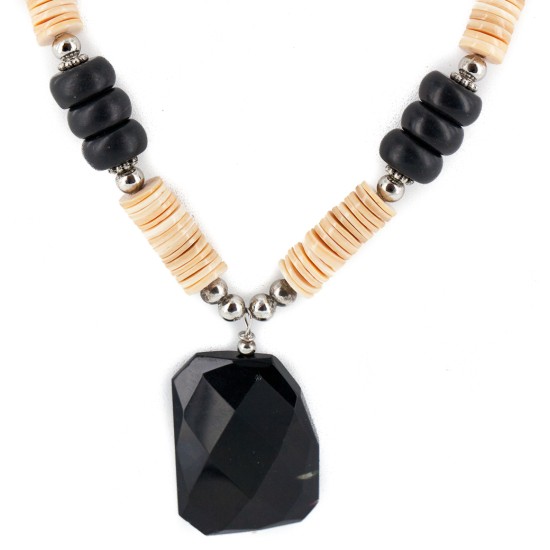 Certified Authentic .925 Sterling Silver Navajo Natural Graduated Melon Shell Black Onyx Native American Necklace 17085