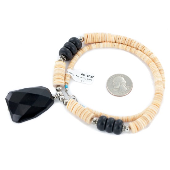 Certified Authentic .925 Sterling Silver Navajo Natural Graduated Melon Shell Black Onyx Native American Necklace 17085