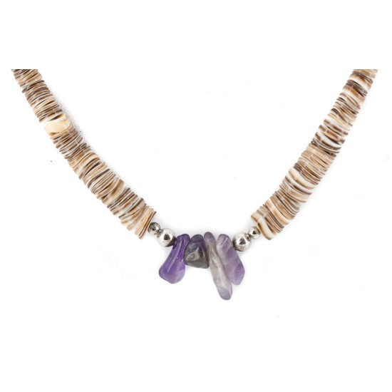 Certified Authentic .925 Sterling Silver Navajo Natural Amethyst and Graduated Heishi Native American Necklace 7501008-54