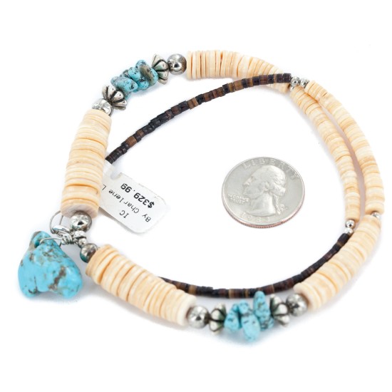 Certified Authentic Navajo .925 Sterling Silver Natural Turquoise Graduated Melon Shell Native American Necklace 15412-5