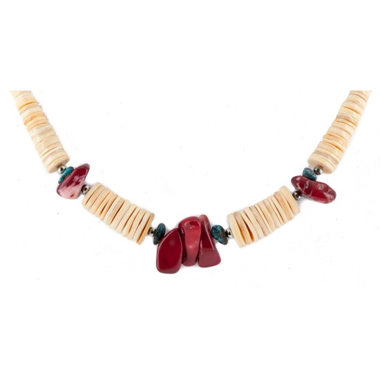 Certified Authentic .925 Sterling Silver Navajo Coral and Natural Turquoise Graduated Melon Shell Native American Necklace 15624-40