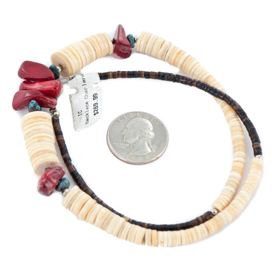 Certified Authentic .925 Sterling Silver Navajo Coral and Natural Turquoise Graduated Melon Shell Native American Necklace 15624-40