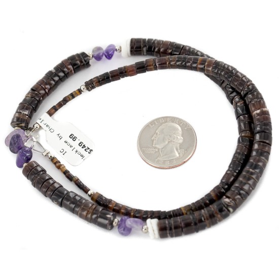 Certified Authentic .925 Sterling Silver Navajo Natural Graduated Heishi Amethyst Native American Necklace 15151-169