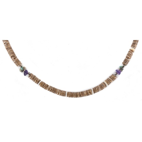 Certified Authentic .925 Sterling Silver Navajo Natural Turquoise Graduated Heishi Amethyst Native American Necklace 25231-2