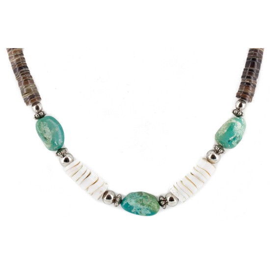 Certified Authentic Navajo .925 Sterling Silver Natural Turquoise Graduated Heishi and Spiny Oyster Native American Necklace 25228-2